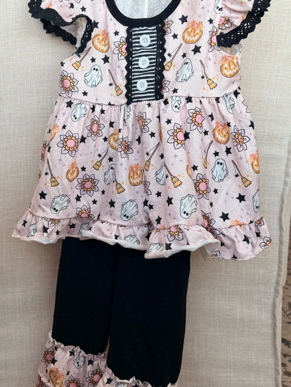 Girls Pink Halloween Print Ruffle Top & Black Leggings Matching Set